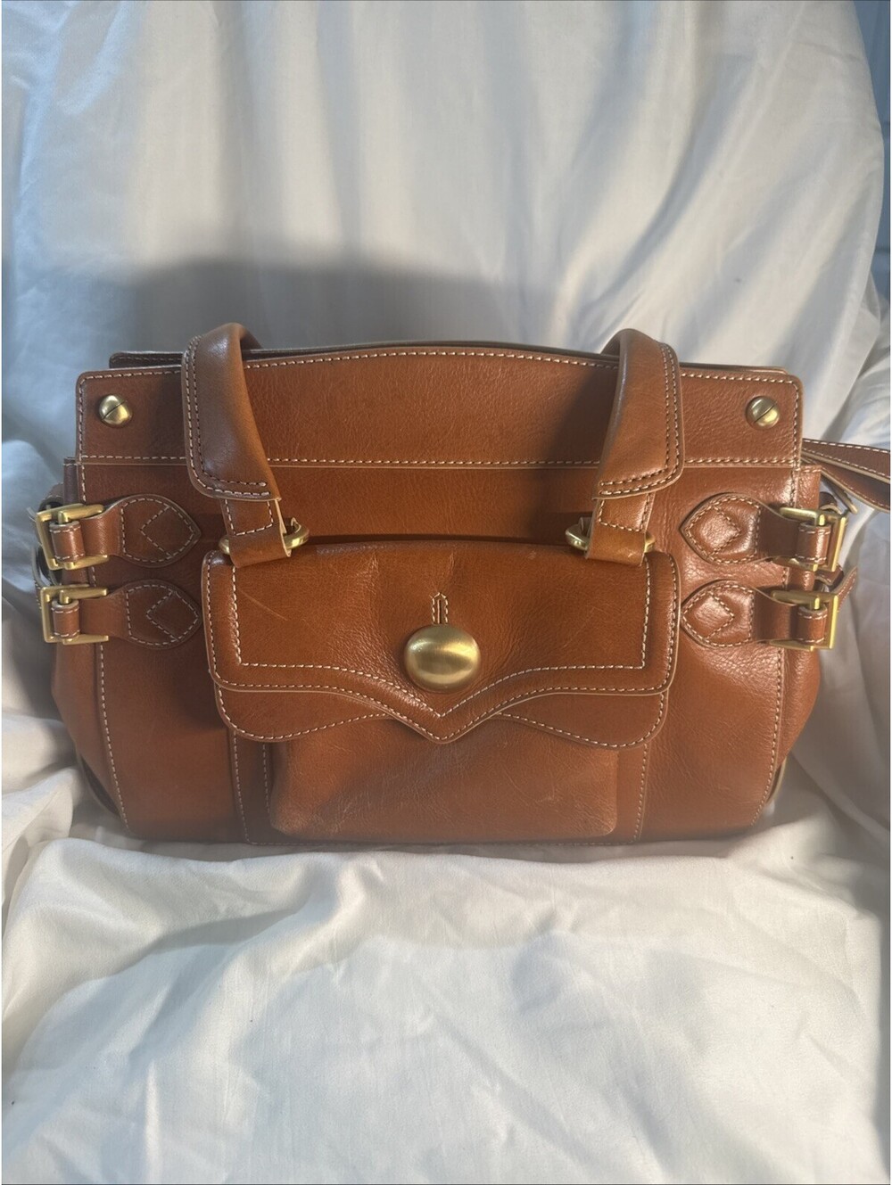 Maxx New York Genuine Leather Satchel Cognac Brown Buckle Shoulder Bag